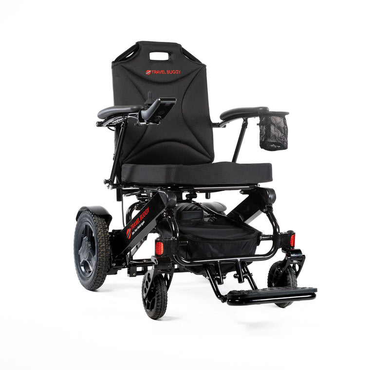 Travel Buggy CITY 2 PLUS folding power wheelchair in Black, front right three-quarter view on a white background
