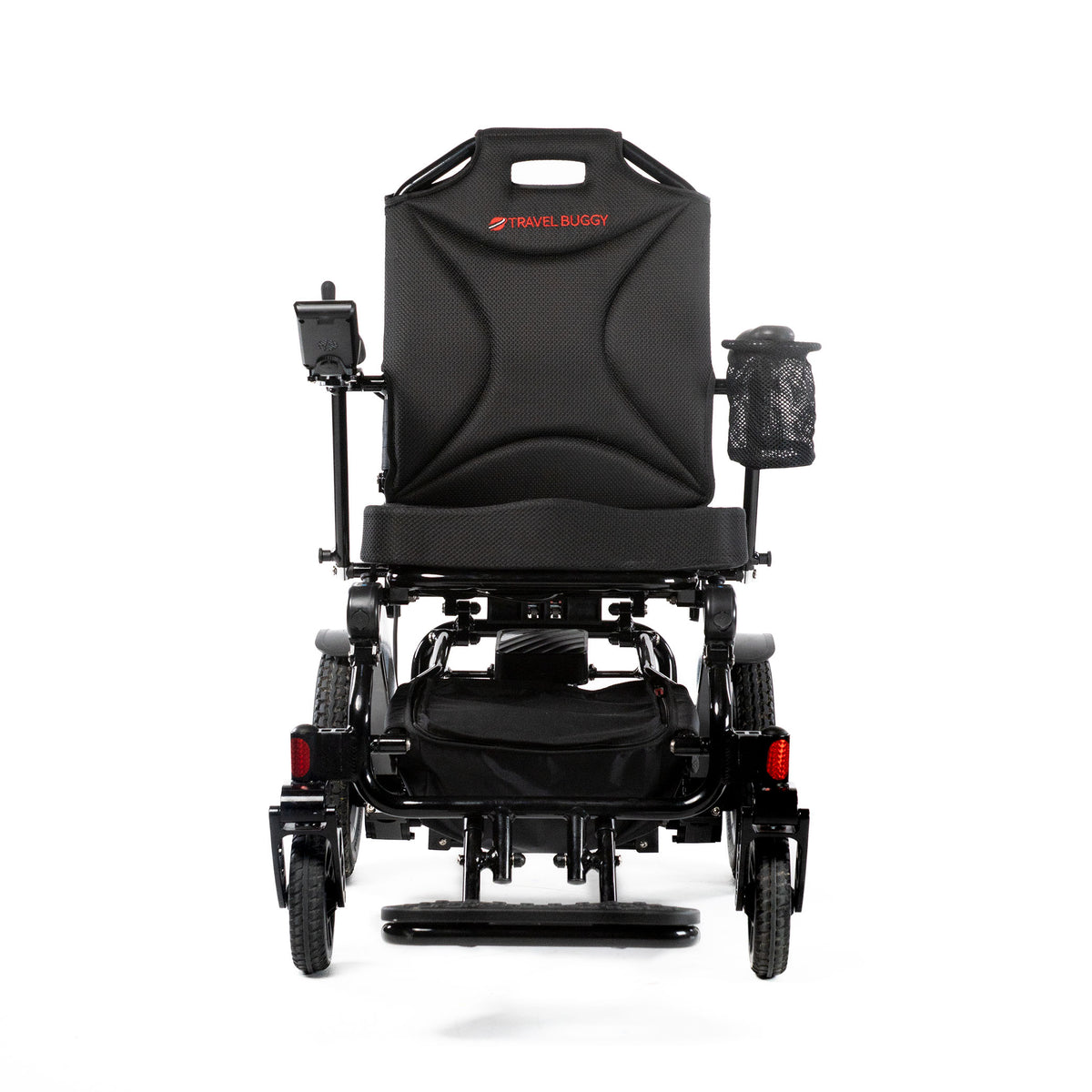 Travel Buggy CITY 2 PLUS folding power wheelchair in Black, straight front view on a white background
