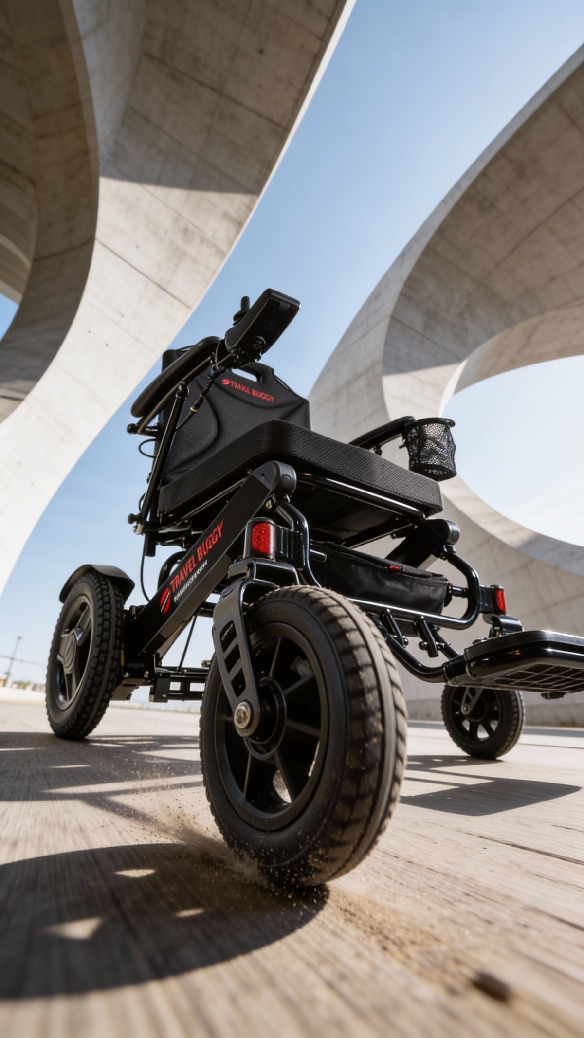 Black Travel Buggy CITY 2 PLUS folding power wheelchair photographed outdoors beneath a concrete structure
