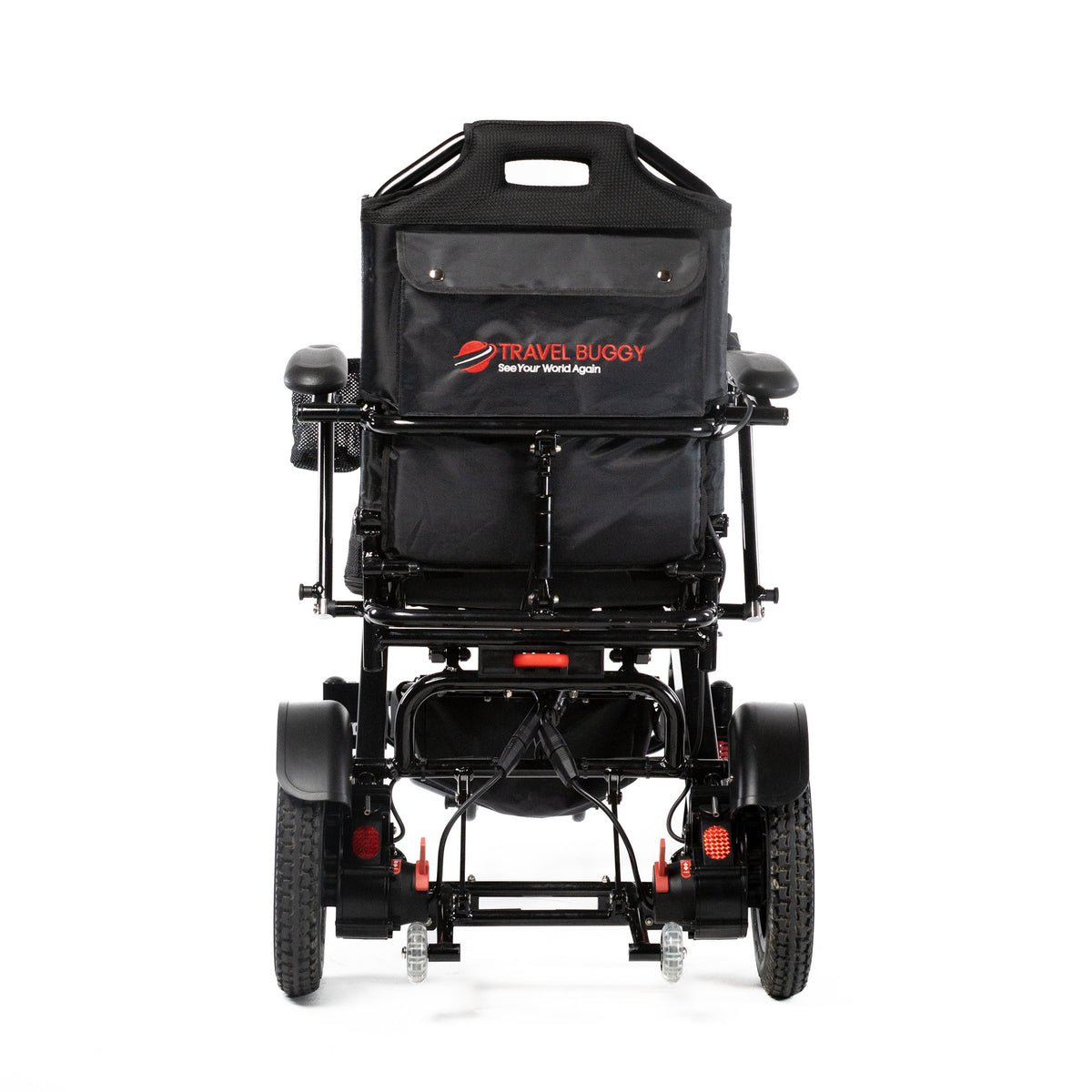 Travel Buggy CITY 2 PLUS folding power wheelchair in Black, straight rear view on a white background