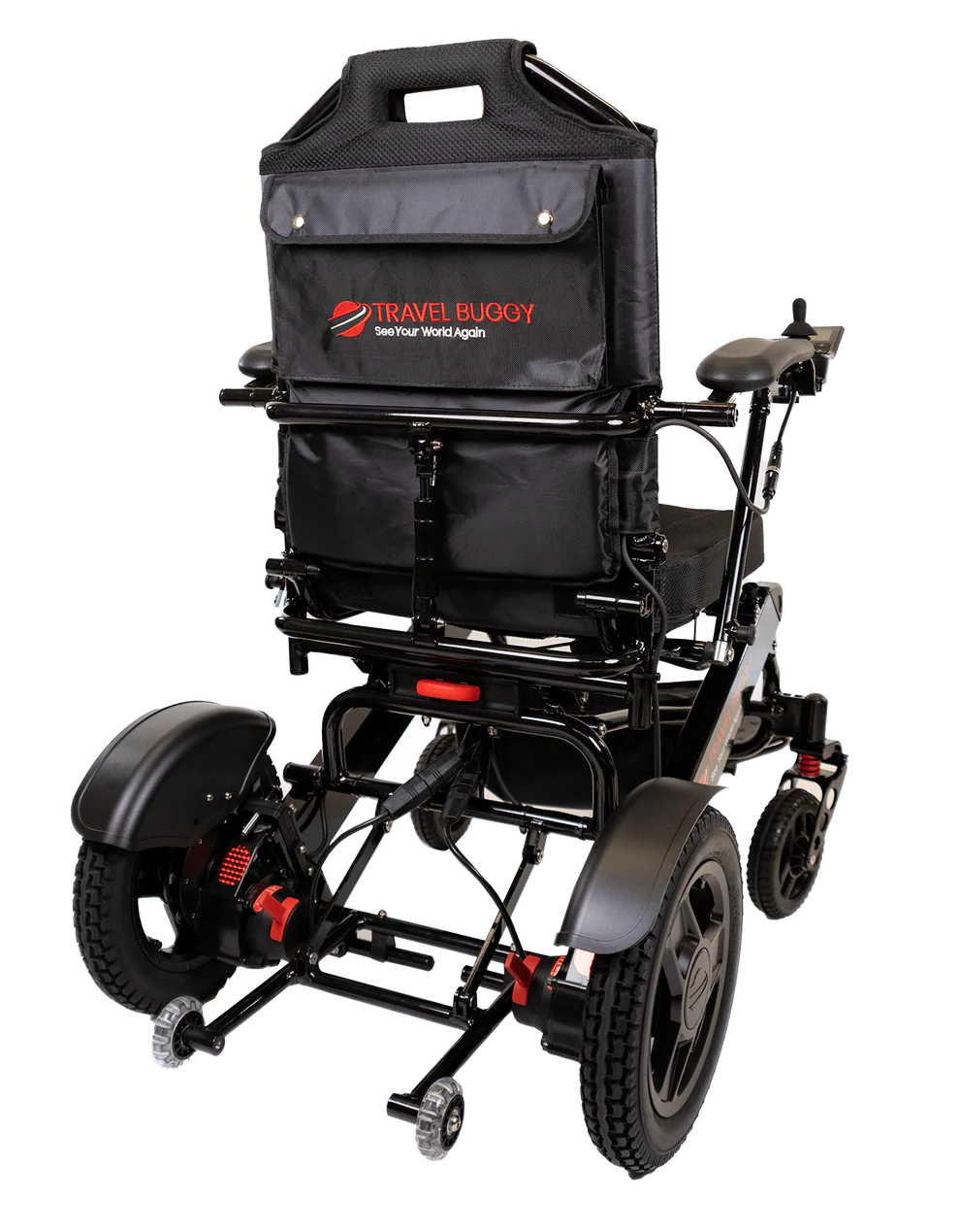 Rear view of the black Travel Buggy City 2 Plus electric wheelchair showing the backrest and anti-tip wheels.