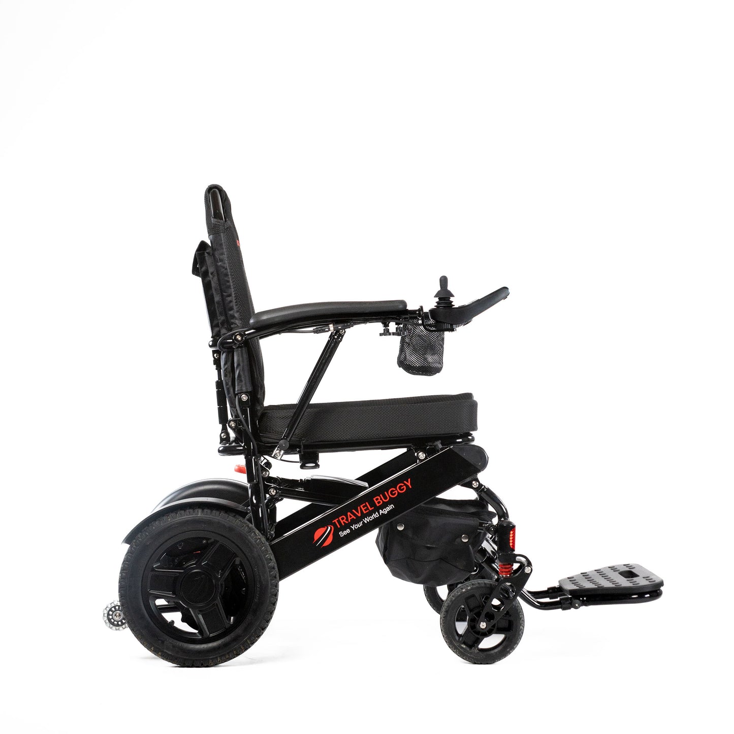 Travel Buggy CITY 2 PLUS folding power wheelchair in Black, right-side profile on a white background