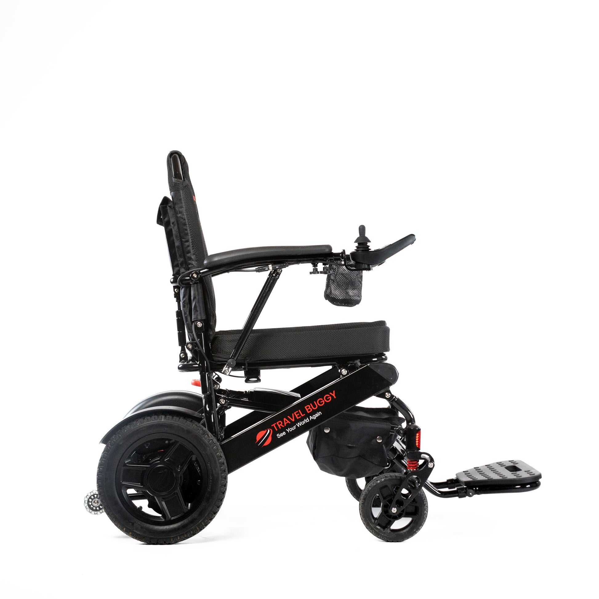 Travel Buggy CITY 2 PLUS folding power wheelchair in Black, right-side profile on a white background