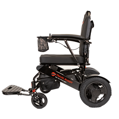 Side profile of the Travel Buggy City 2 Plus mobility chair in black featuring large rear wheels and comfortable armrests.