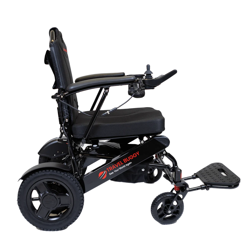 Side angled view of the black Travel Buggy City 2 Plus highlighting the intuitive joystick control and sturdy frame.