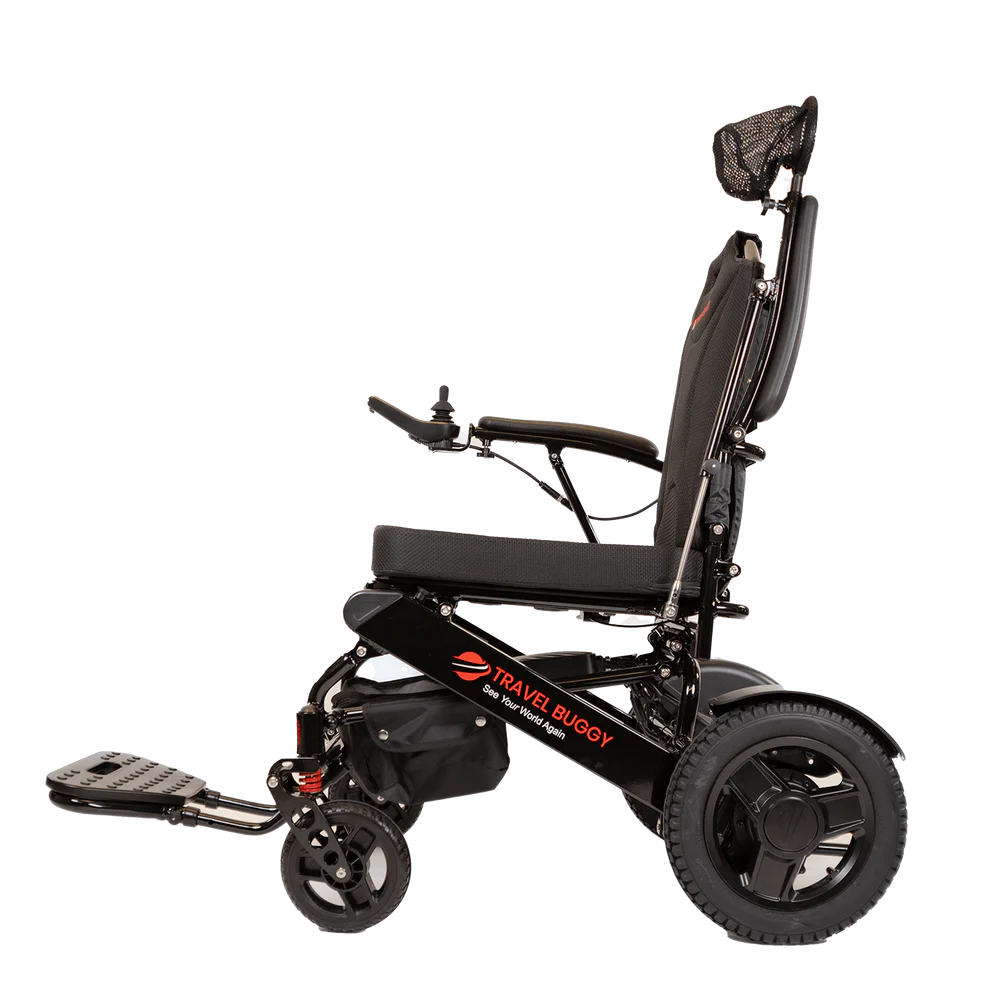 Front angled view of the Travel Buggy City 2 Plus foldable power wheelchair in black.