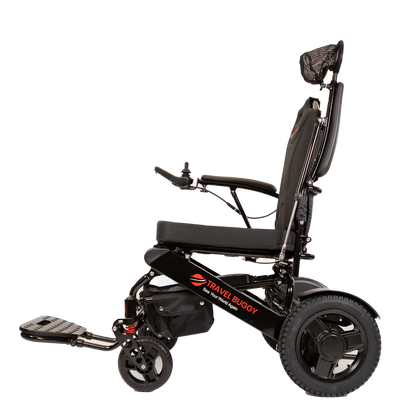Front angled view of the Travel Buggy City 2 Plus foldable power wheelchair in black.