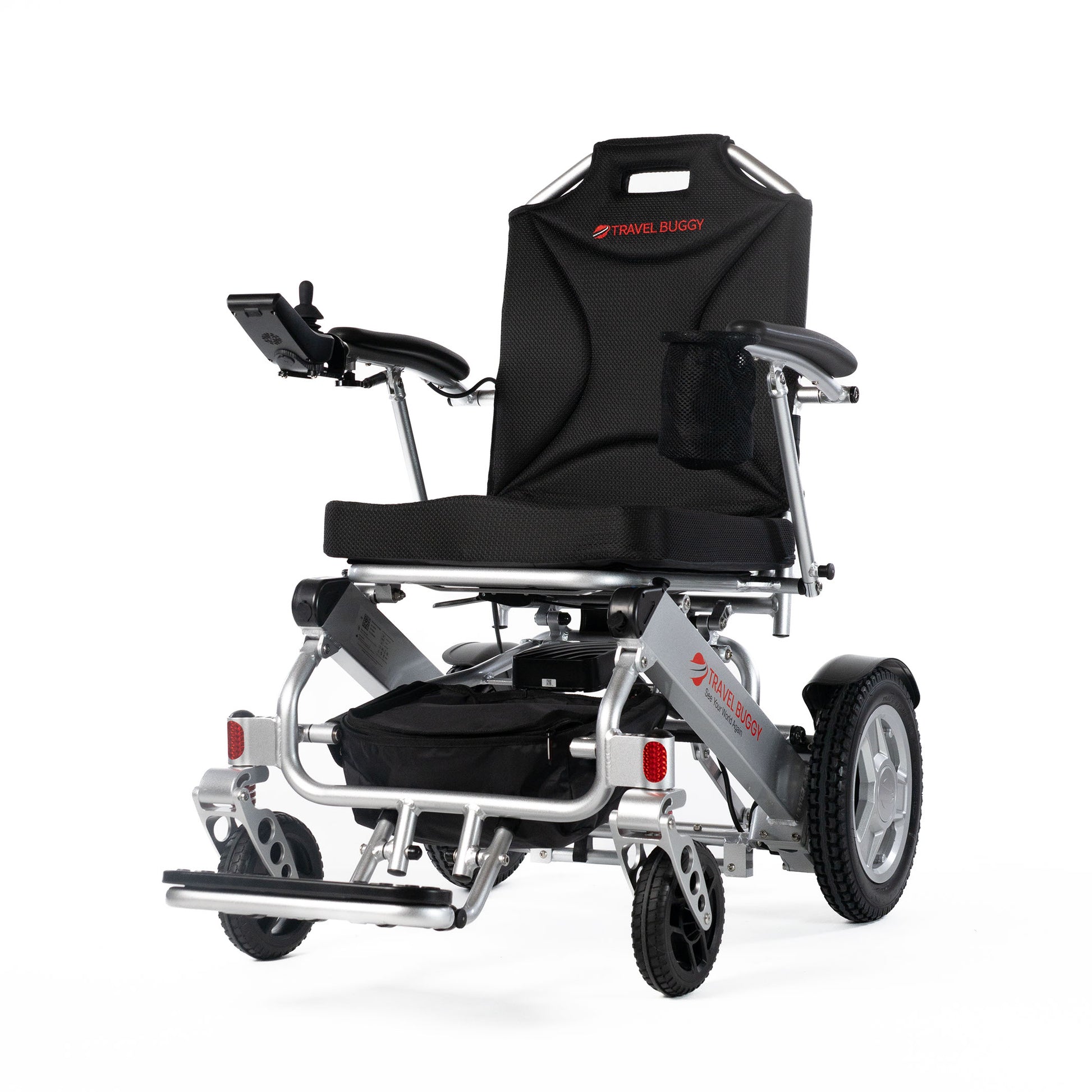 Travel Buggy CITY 2 PLUS folding power wheelchair in Silver, front left three-quarter view on a white background