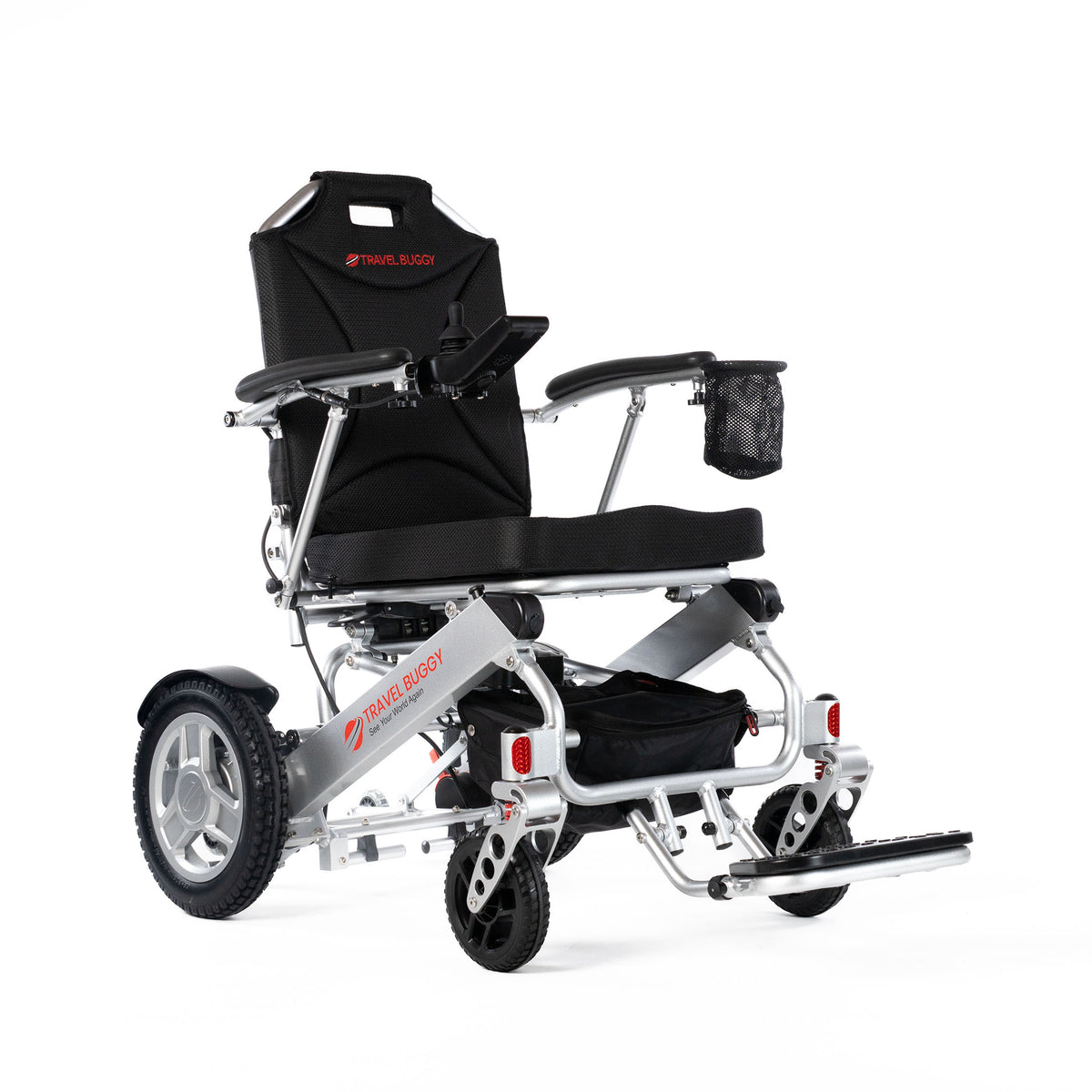 Travel Buggy CITY 2 PLUS folding power wheelchair in Silver, front right three-quarter view on a white background