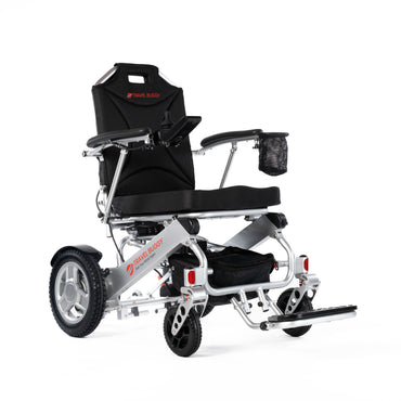 Travel Buggy CITY 2 PLUS folding power wheelchair in Silver, front right three-quarter view on a white background