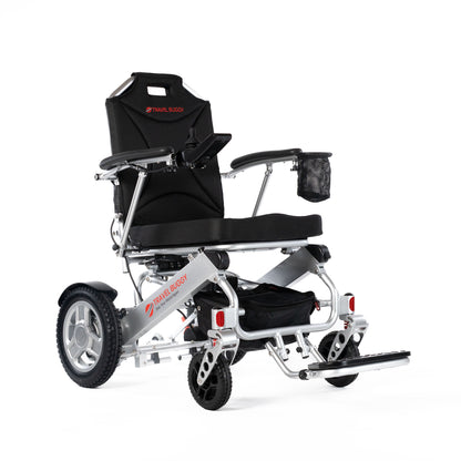 Travel Buggy CITY 2 PLUS folding power wheelchair in Silver, front right three-quarter view on a white background