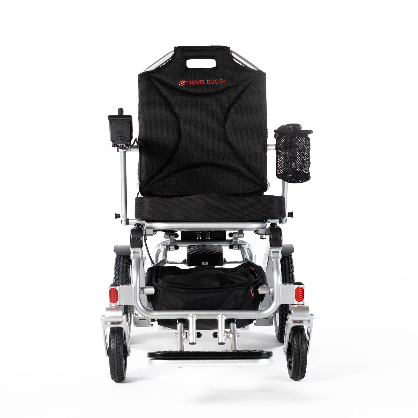 Travel Buggy CITY 2 PLUS folding power wheelchair in Silver, straight front view on a white background