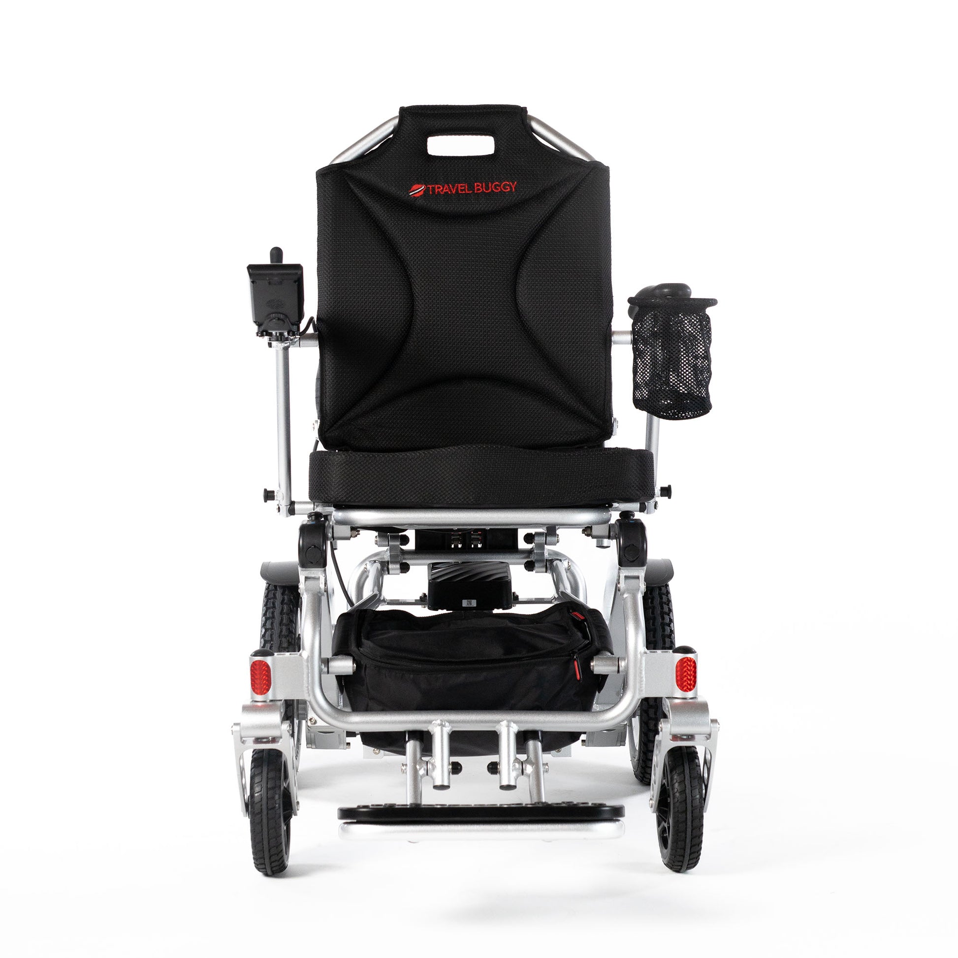 Travel Buggy CITY 2 PLUS folding power wheelchair in Silver, straight front view on a white background