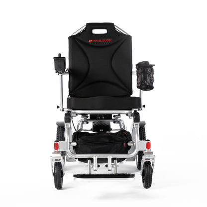 Travel Buggy CITY 2 PLUS folding power wheelchair in Silver, straight front view on a white background
