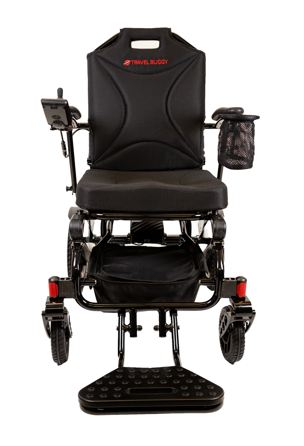 Straight front view of the sleek black Travel Buggy City 2 Plus power chair with the footrest lowered.