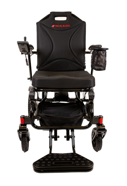 Straight front view of the sleek black Travel Buggy City 2 Plus power chair with the footrest lowered.