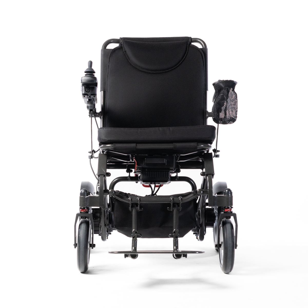 Front view of the Travel Buggy DASH 3 folding power wheelchair