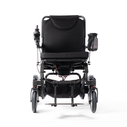 Front view of the Travel Buggy DASH 3 folding power wheelchair