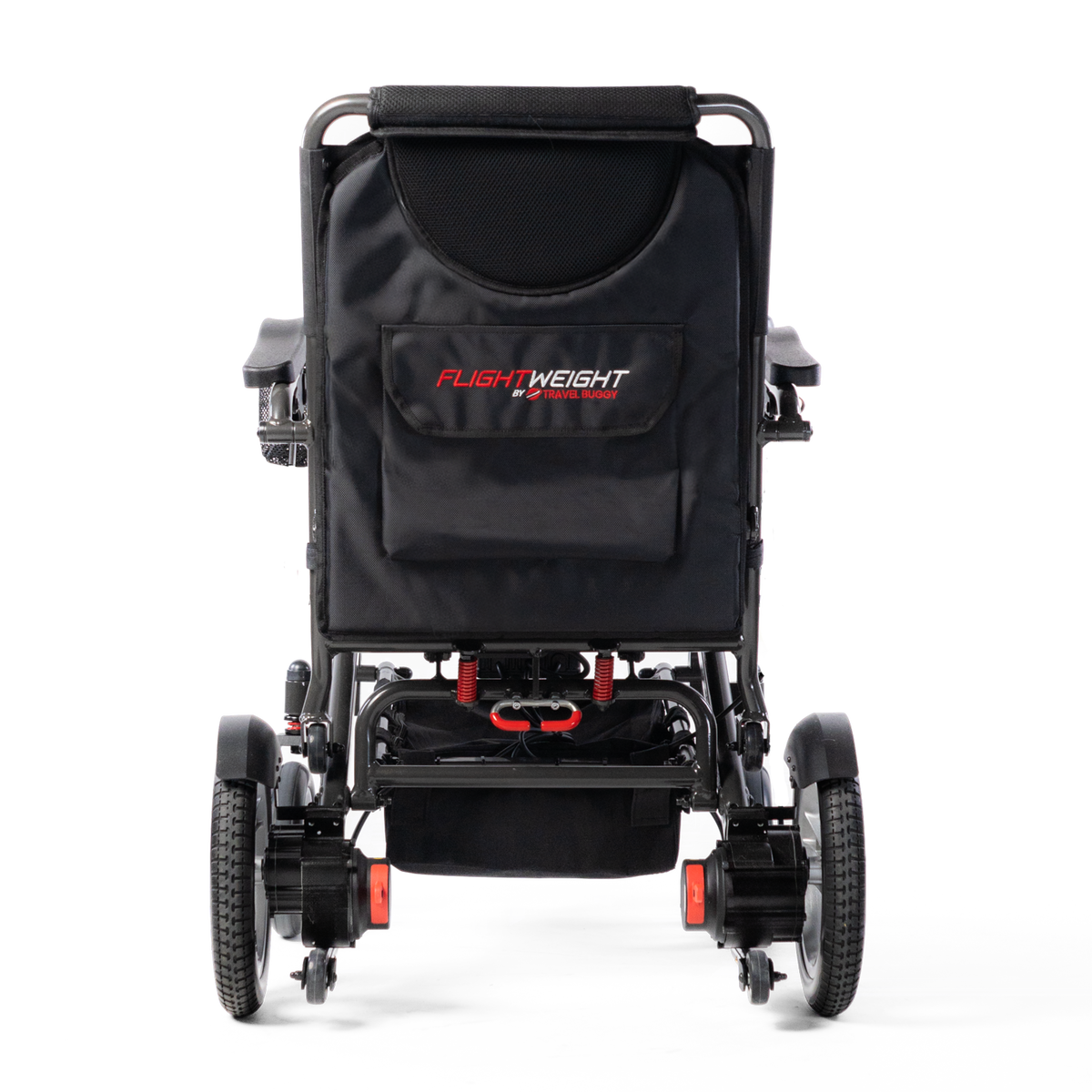 Rear view of the Travel Buggy DASH 3 folding power wheelchair