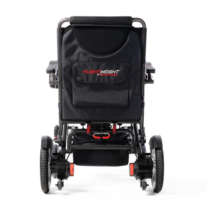 Rear view of the Travel Buggy DASH 3 folding power wheelchair