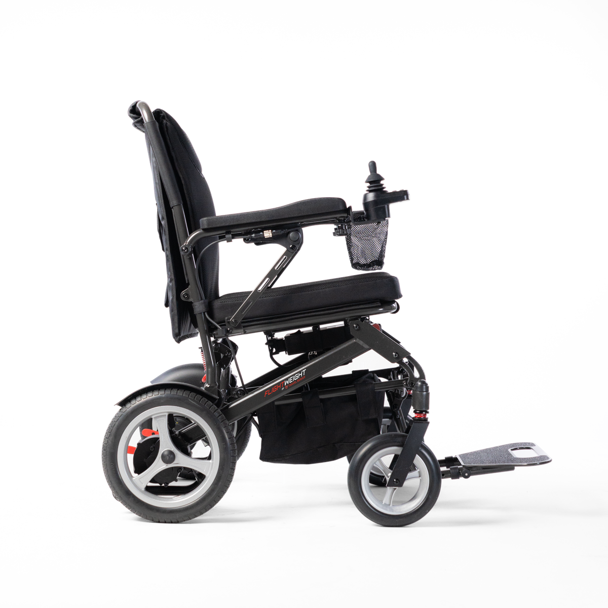 Right side profile of the Travel Buggy DASH 3 folding power wheelchair