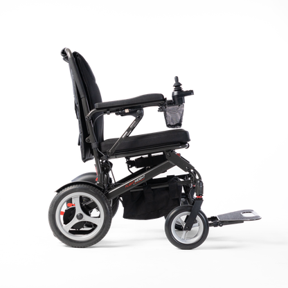 Right side profile of the Travel Buggy DASH 3 folding power wheelchair