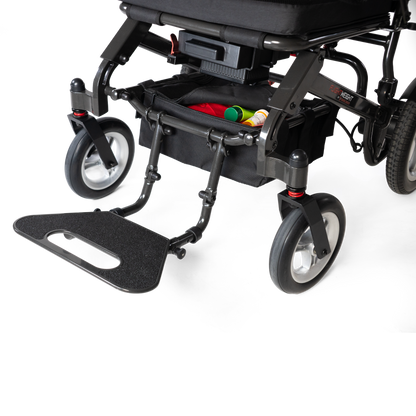 Under-seat storage compartment open on the Travel Buggy DASH 3