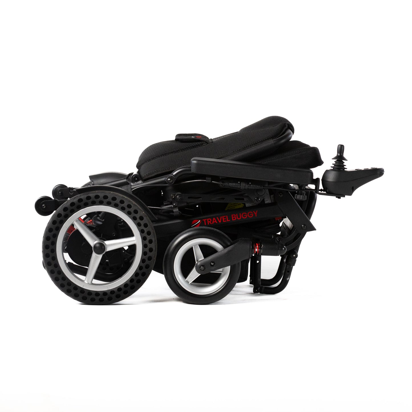 Travel Buggy DASH power chair folded flat, right-side view on a white background