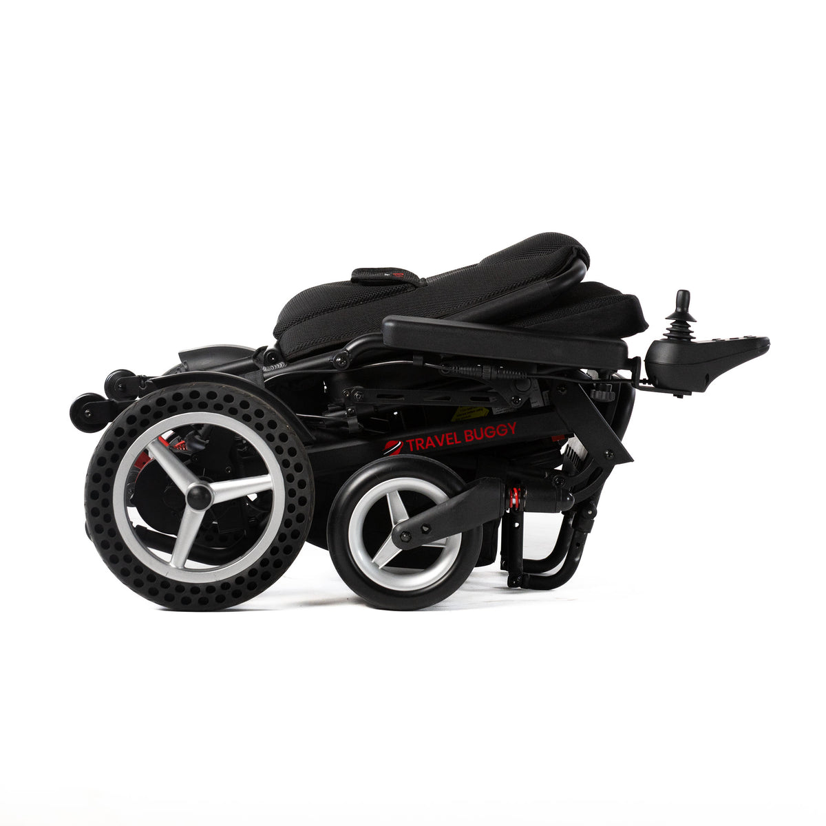 Travel Buggy DASH power chair folded flat, right-side view on a white background