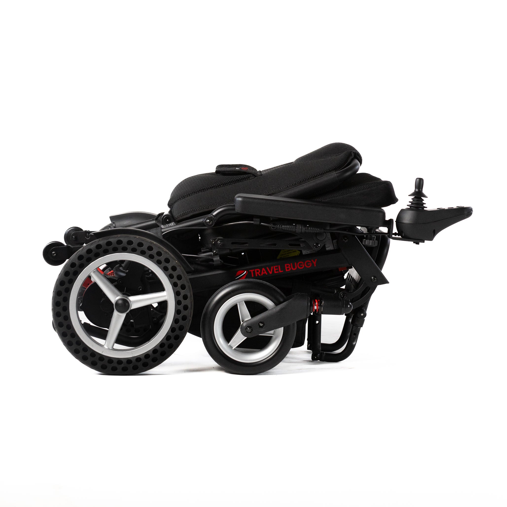 Travel Buggy DASH power chair folded flat, right-side view on a white background