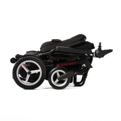 Travel Buggy DASH power chair folded flat, right-side view on a white background