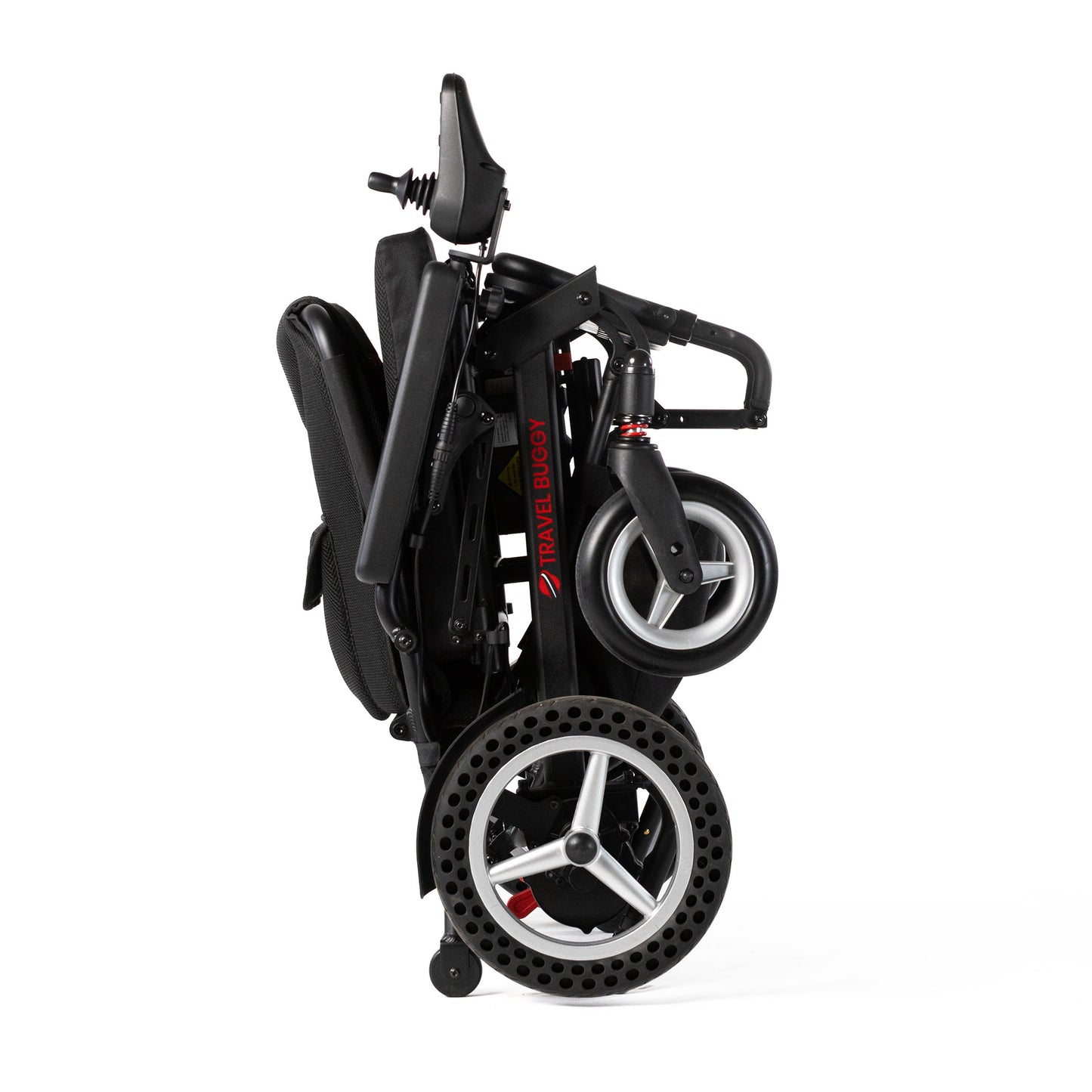 Travel Buggy DASH power chair folded upright, right-side view on a white background