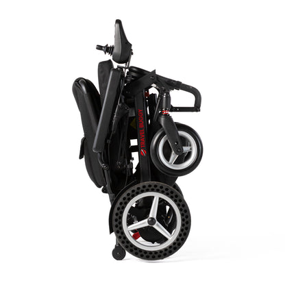 Travel Buggy DASH power chair folded upright, right-side view on a white background