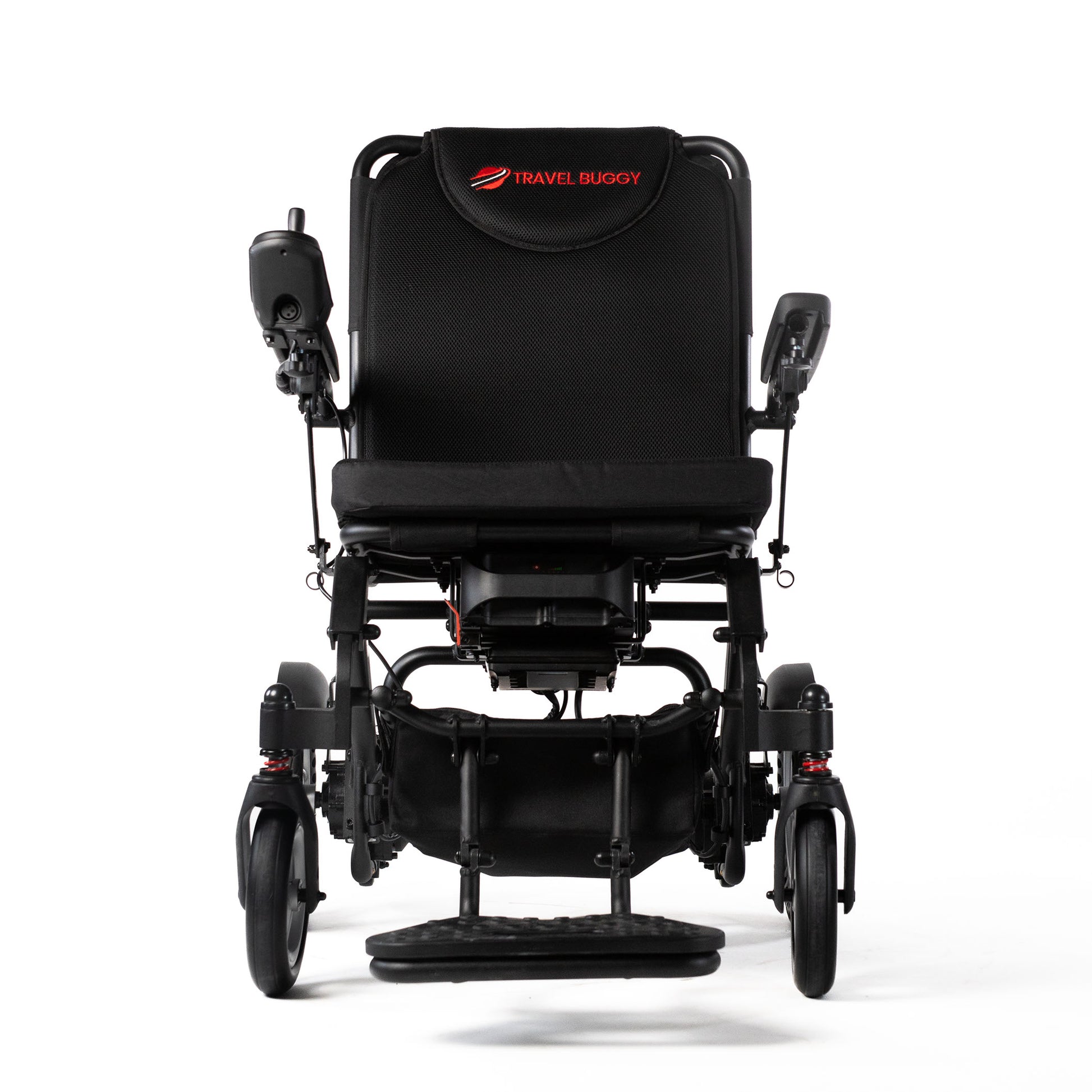 Front view of the Travel Buggy DASH folding power chair on a white background