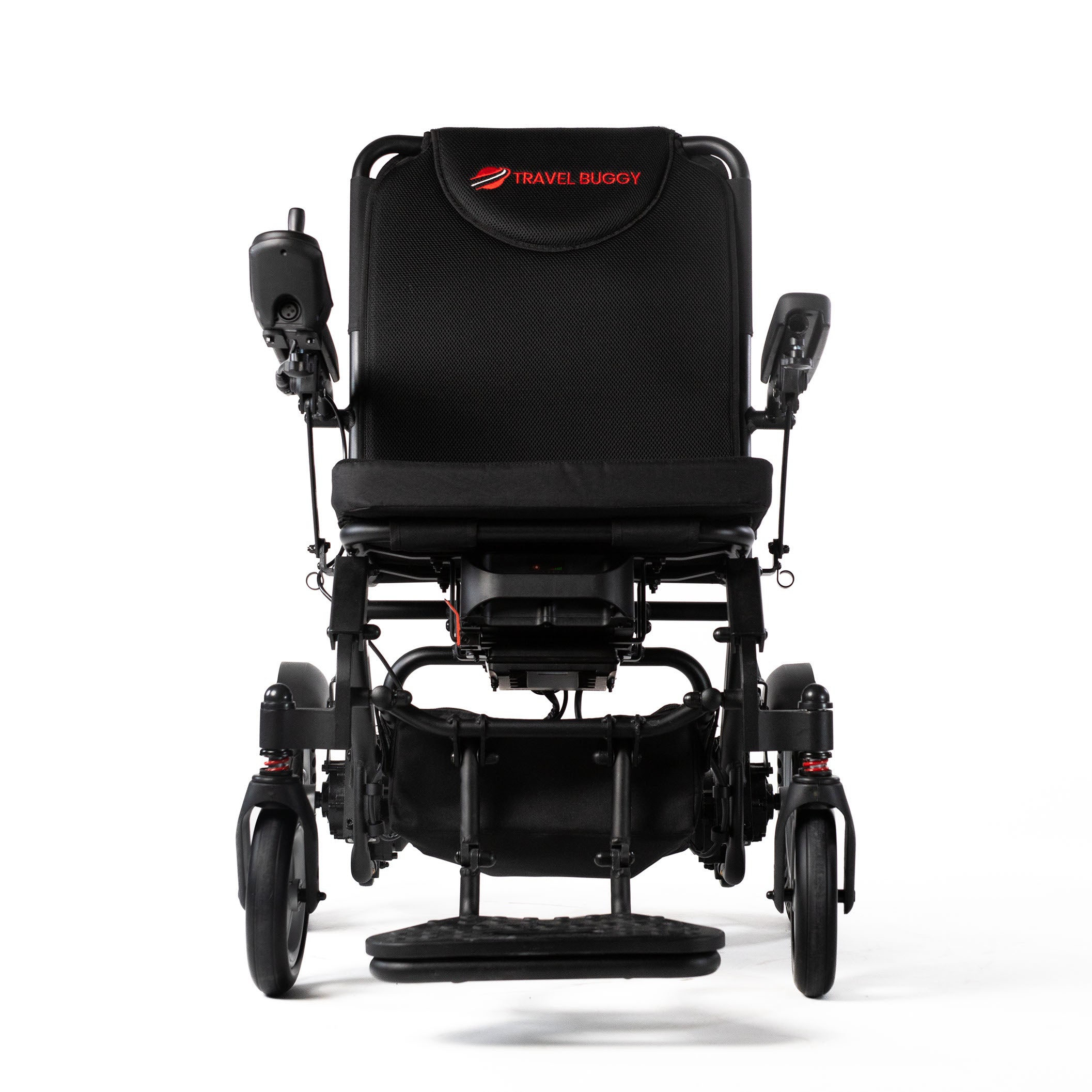 Front view of the Travel Buggy DASH folding power chair on a white background