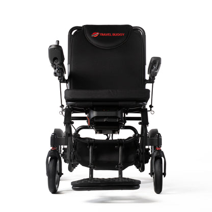 Front view of the Travel Buggy DASH folding power chair on a white background