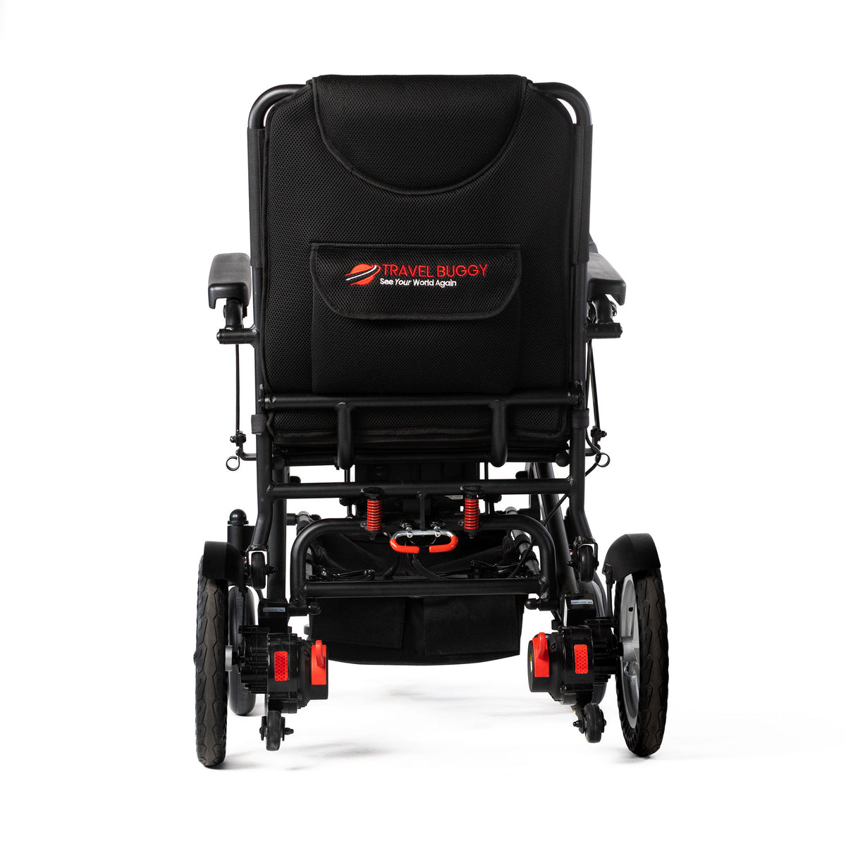 Rear view of the Travel Buggy DASH folding power chair on a white background