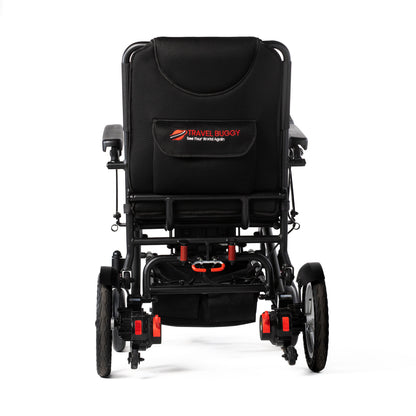 Rear view of the Travel Buggy DASH folding power chair on a white background