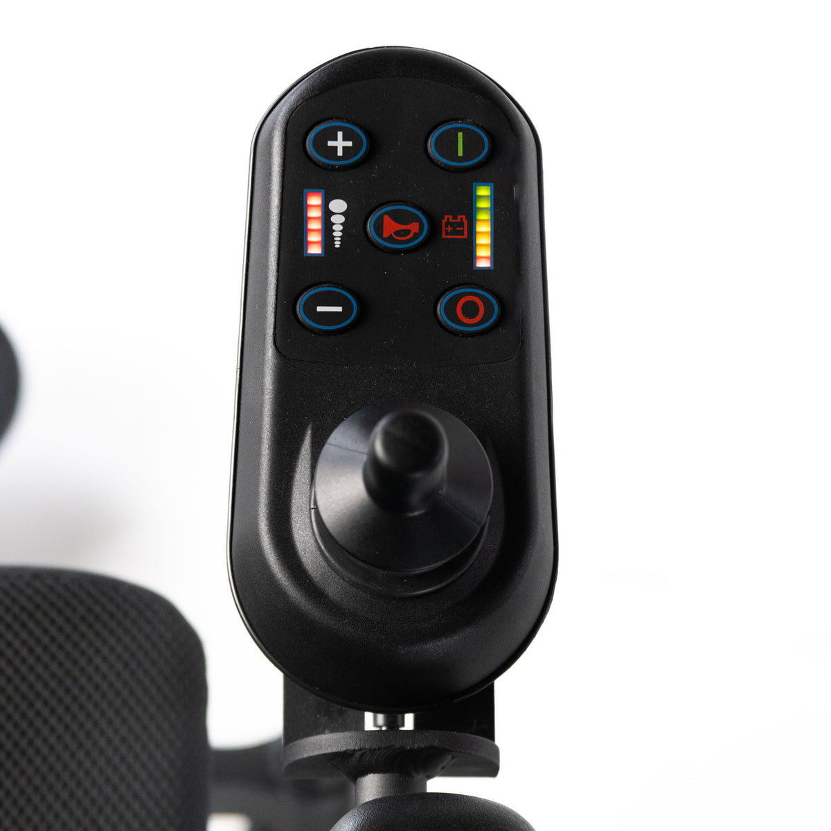 Joystick controller close-up on the Travel Buggy DASH folding power chair