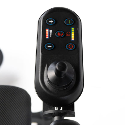 Joystick controller close-up on the Travel Buggy DASH folding power chair