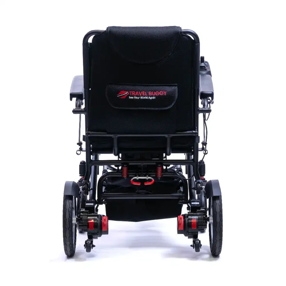 Rear view of the black Travel Buggy Dash electric wheelchair showing the backrest and battery placement.