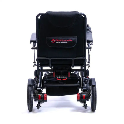 Rear view of the black Travel Buggy Dash electric wheelchair showing the backrest and battery placement.
