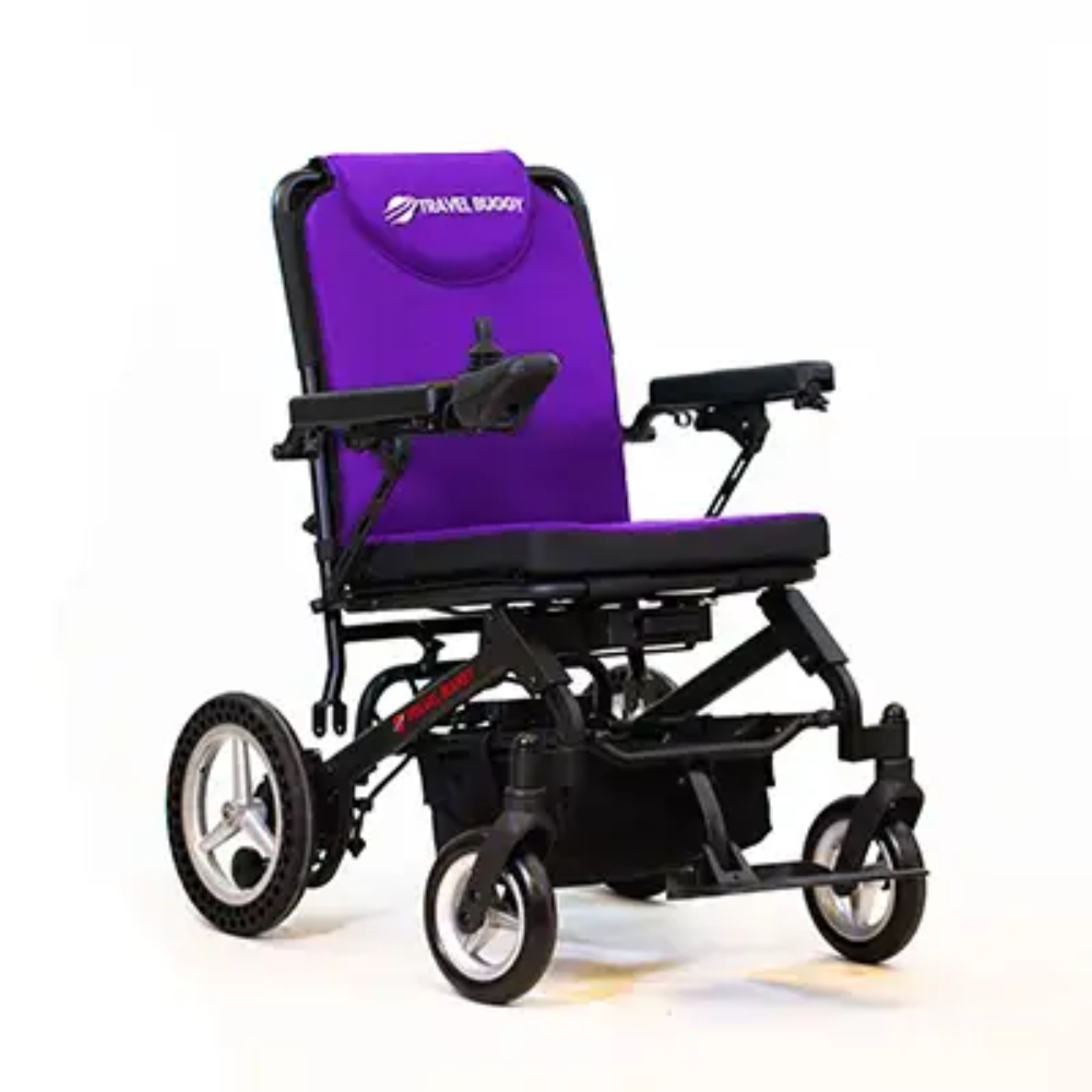 Vibrant purple replacement cushion set installed on a Travel Buggy DASH power wheelchair for a customized look.