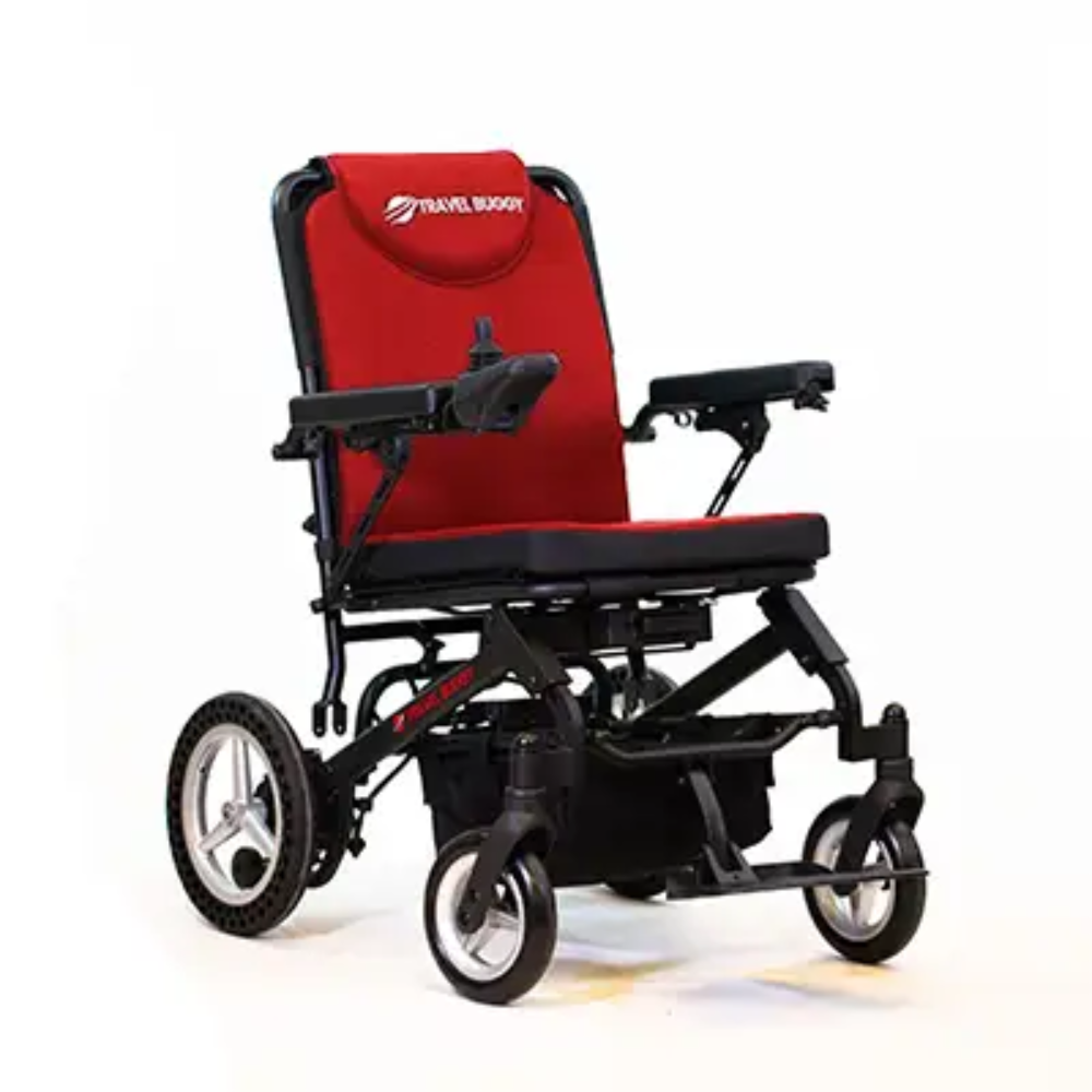 Vibrant red replacement cushion set upgrading the style and comfort of the Travel Buggy DASH electric wheelchair.