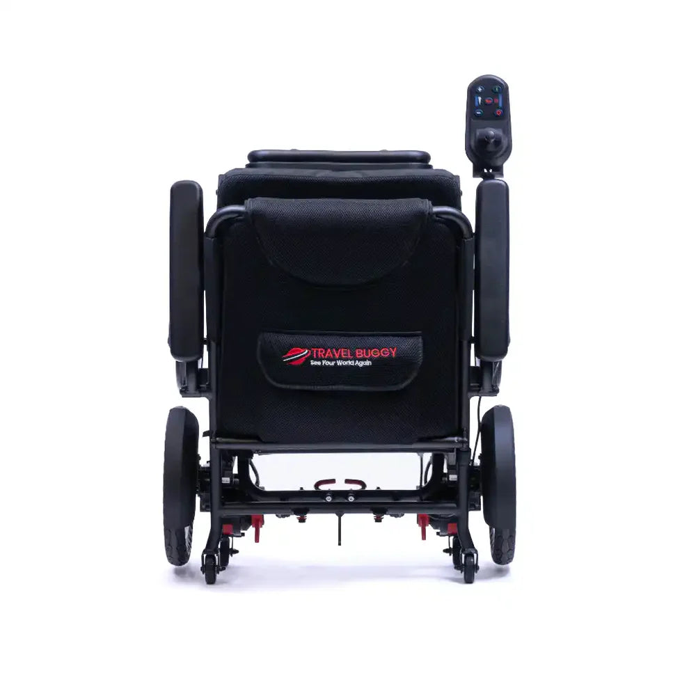 Rear view of the Travel Buggy Dash power chair completely folded for easy car transport and storage.
