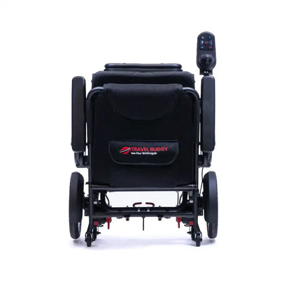 Rear view of the Travel Buggy Dash power chair completely folded for easy car transport and storage.