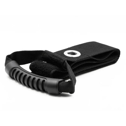 Close-up of the black Travel Buggy Easy-Lift strap featuring a durable ergonomic rubber grip handle.