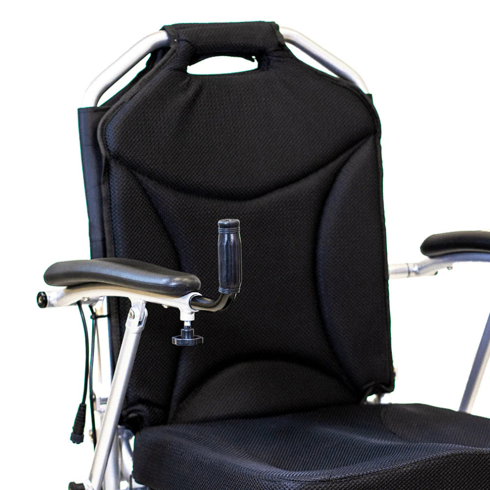 Travel Buggy mobility support grab bar securely mounted to the seat frame of a power wheelchair to assist with safe standing and transitions.