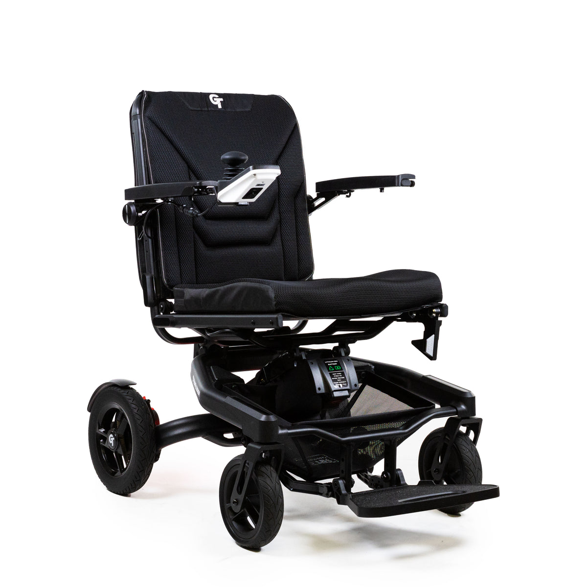 Black Travel Buggy Grand Tourer GT folding power wheelchair, front right view on a white background