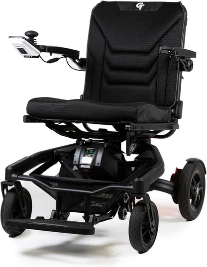 Front angled view of the Travel Buggy Grand Tourer GT power wheelchair showcasing its modern design and sleek frame.